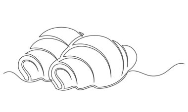 Kruvasanlar beyaz arka planda izole edilmiş tek bir hat üzerinde dururlar. Fırın sembolü sanat çizimi. Kruvasanların tasarım taslağı. Düzenlenebilir felç. Vektör illüstrasyonu