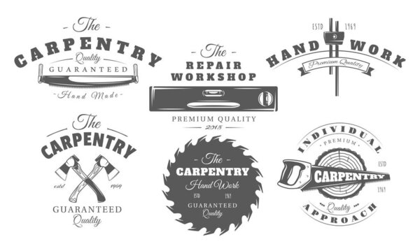 Carpentry logo set isolated on white background. Carpenter work tool elements: wood, blade, saw, axe for vintage label design. Vector illustration