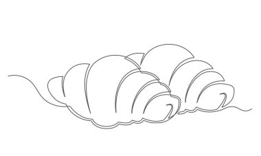 Kruvasanlar beyaz arka planda izole edilmiş tek bir hat üzerinde dururlar. Fırın sembolü sanat çizimi. Kruvasanların tasarım taslağı. Düzenlenebilir felç. Vektör illüstrasyonu