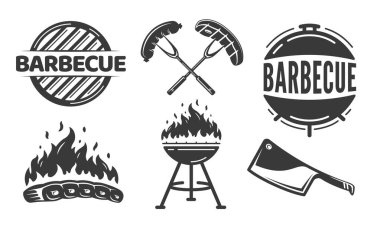 Izgara BBQ vektör simgesi beyaz arkaplanda izole edildi. Tasarım elementleri, bbq, ızgara, et, çatal, bıçak ve güney çayı. Vektör illüstrasyonu