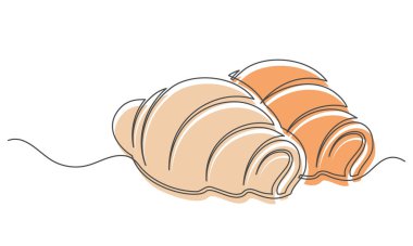 Kruvasanlar beyaz arka planda izole edilmiş tek bir hat üzerinde dururlar. Fırın sembolü sanat çizimi. Kruvasanların tasarım taslağı. Düzenlenebilir felç. Vektör illüstrasyonu