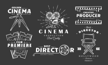 Sinema logo vintage seti siyah arkaplanda izole edildi. Tasarım elemanı etiketli film, kamera, makara, striptiz, yönetmen koltuğu. Sinema amblemi şablonları. Vektör illüstrasyonu