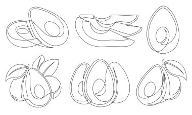 Avokado sürekli bir çizgi çizim simgesi beyaz bir arkaplanda izole edildi. Avokado meyve koleksiyonu taslağı. Vektör illüstrasyonu