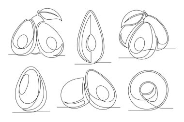 Avokado sürekli bir çizgi çizimi beyaz arkaplanda izole edildi. Avokado meyve ikonu koleksiyonlarını özetle. Vektör illüstrasyonu