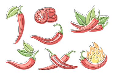 Kırmızı biber sürekli bir çizgi çizen ikon seti. Düzenlenebilir felç. Beyaz arka planda izole edilmiş ana hatlı kırmızı biber sebze koleksiyonu. Vektör illüstrasyonu
