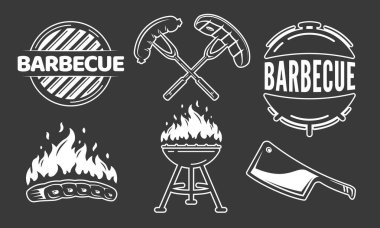 Izgara barbekü vektör simgesi siyah arkaplanda izole edildi. Tasarım elementleri, bbq, ızgara, et, çatal, bıçak ve güney çayı. Vektör illüstrasyonu