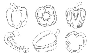 Biber sürekli bir çizgi çizme ikonu seti. Beyaz arka planda izole edilmiş çan biberi sebze koleksiyonları. Vektör illüstrasyonu
