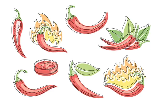 Kırmızı biber sürekli bir çizgi çizen ikon seti. Düzenlenebilir felç. Beyaz arka planda izole edilmiş ana hatlı kırmızı biber sebze koleksiyonu. Vektör illüstrasyonu