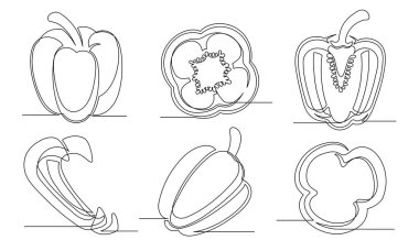 Çan biberi beyaz arka planda izole edilmiş tek bir çizgi çiziyor. Düzenlenebilir felç. Biber sebze koleksiyonu taslağı. Vektör illüstrasyonu