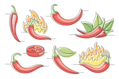 Kırmızı biber aralıksız bir çizgi çizme seti. Beyaz arka planda izole edilmiş ana hatlı kırmızı biber sebze ikonu koleksiyonları. Düzenlenebilir felç. Vektör illüstrasyonu