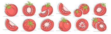 Domates kırmızısı sürekli bir çizgi çizim seti. Beyaz arka planda izole edilmiş domates sebze ikonu koleksiyonları. Düzenlenebilir felç. Vektör illüstrasyonu