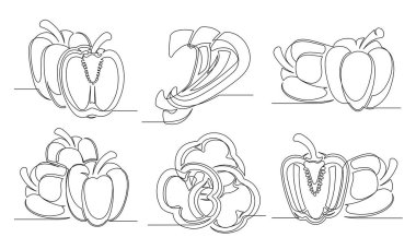 Çan biberi beyaz arka planda izole edilmiş tek bir çizgi çiziyor. Düzenlenebilir felç. Biber sebze koleksiyonu taslağı. Vektör illüstrasyonu