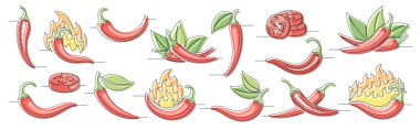 Kırmızı biber aralıksız bir çizgi çizme seti. Beyaz arka planda izole edilmiş ana hatlı kırmızı biber sebze ikonu koleksiyonları. Düzenlenebilir felç. Vektör illüstrasyonu