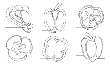 Çan biberi beyaz arka planda izole edilmiş tek bir çizgi çiziyor. Düzenlenebilir felç. Biber sebze koleksiyonu taslağı. Vektör illüstrasyonu