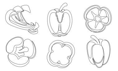 Biber sürekli bir çizgi çizme ikonu seti. Beyaz arka planda izole edilmiş çan biberi sebze koleksiyonları. Vektör illüstrasyonu