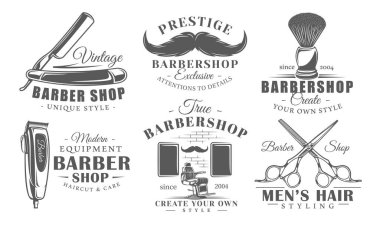 Berber dükkanı logoları, direkli, saçlı, tıraş fırçası, salon sandalyesi, ve profesyonel berber dükkanı markaları için makas simgeleri. Vektör illüstrasyonu