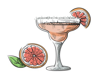 Beyaz arka planda izole edilmiş greyfurt elli margarita siesta kokteyli. Alkolik içki bardağının eskizi. Renkli parti kokteyli. Vektör illüstrasyonu
