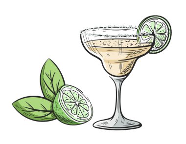 Beyaz arka planda izole edilmiş limonlu margarita kokteyli. Alkolik içki bardağının eskizi. Renkli parti kokteyli. Vektör illüstrasyonu