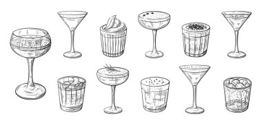 Kokteyller ve içecekler beyaz arka planda el yapımı. Alkolik parti kokteyllerinin klasik çizimleri. Vektör illüstrasyonu