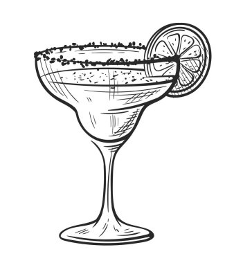 Beyaz arka planda izole edilmiş limonlu margarita kokteyli. Alkolik içki bardağının eskizi. Parti kokteyli. Vektör illüstrasyonu