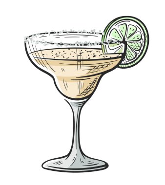 Beyaz arka planda izole edilmiş limonlu margarita kokteyli. Alkolik içki bardağının eskizi. Renkli parti kokteyli. Vektör illüstrasyonu