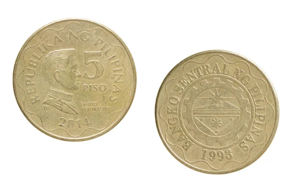 在白色背景上分离的5枚旧皮索菲律宾金币的近景 — 图库照片