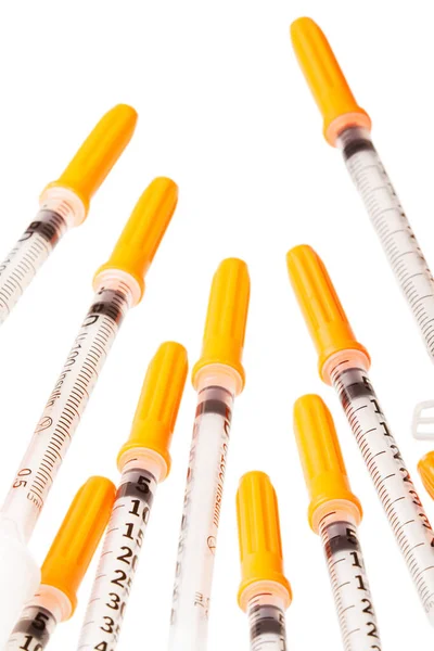 Närbild Insulin Syringes Isolerad Vit Bakgrund — Stockfoto