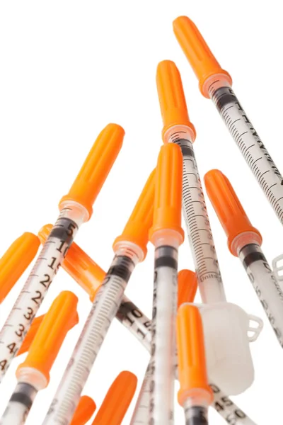 Närbild Insulin Syringes Isolerad Vit Bakgrund — Stockfoto