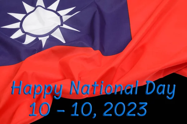 Close Offical Taiwan Flag Black Background Reading Happy National Day — Stock Photo, Image