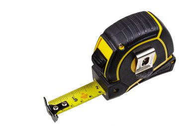 Close up of a black and yellow Tape Measure isolated on a white background with copy space
