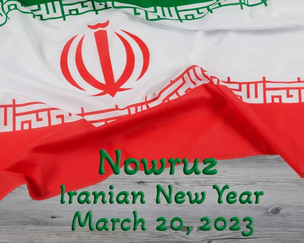 Flag Islamic Republic Iran Wooden Background Copy Saying Nowruz Iarnian — Stock Photo, Image