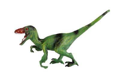Yeşil plastik bir oyuncak Velociraptor dinazoru, kopyalama alanı olan beyaz bir arkaplanda izole edilmiş.