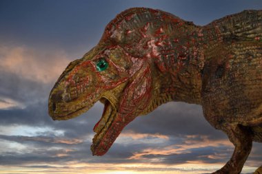 Plastik bir oyuncak Tyrannosaurus Rex dinozoru, kopyalama alanı olan beyaz bir arka planda izole edilmiş.