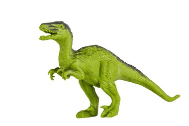 Plastik oyuncak dinozor beyaz bir arkaplanda izole edilmiş ve kopyalama alanı var.