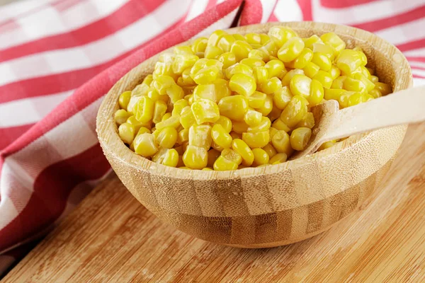 Close Wooden Bowl Delicious Sweet Corn Wooden Fork Copy Space — Stock Photo, Image