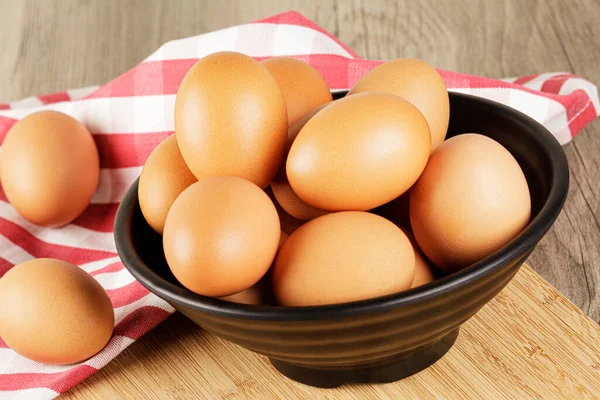 Close Bowl Fresh Raw Brown Eggs Wooden Background Copy Space — Stock Photo, Image