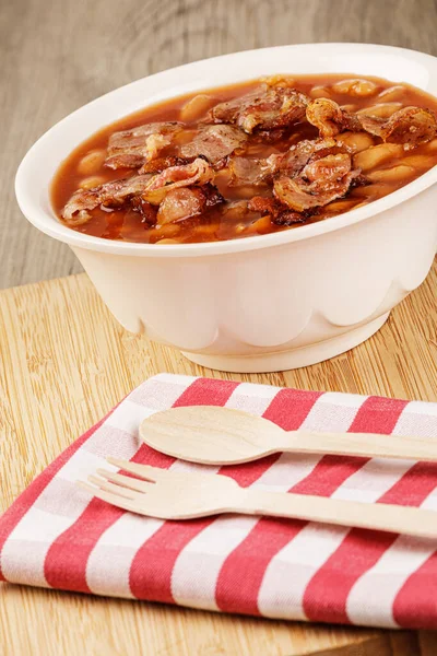 Bowl Baked Beans Also Known Pork Beans Wooden Background Copy — Stock Photo, Image