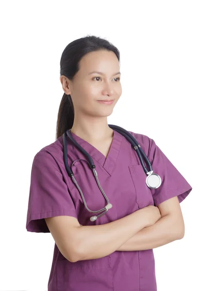 Schöne Asiatische Frau Arzt Oder Krankenschwester Lila Peelings Gekleidet Isoliert — Stockfoto