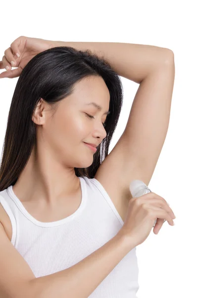 Güzel Asyalı Kadın Deodorantı Uyguluyor Kişisel Hijyen Için Beyaz Arka — Stok fotoğraf