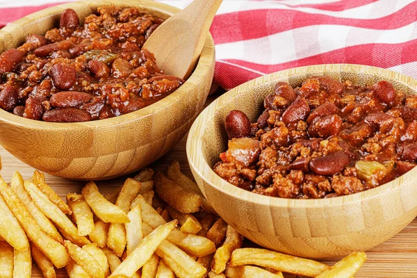 Wooden Bowl Delicious Homemade Chili Fries Copy Space — Stock Photo, Image