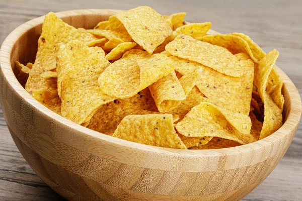 Large Wooden Bowl Delicious Roasted Corn Tortilla Nacho Chips Wooden — Stock Photo, Image