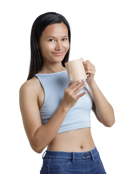 Beautiful Asian Woman Drinking Healthy Tan Mug Hot Tea Isolated — Stock Photo, Image