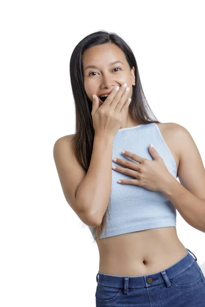 Azji Amerykanin Kobieta Pokazując Emocje Szczęście Odizolowany Biały Tło Kopia — Zdjęcie stockowe