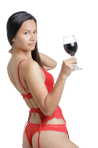 Young Asian Woman Wearing Red Lingerie Holding Glass Red Wine — Stock Photo, Image