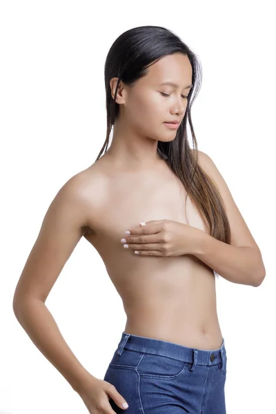Young Asian Woman Posing Topless Using Hands Cover Breast Isolated — Stock Photo, Image