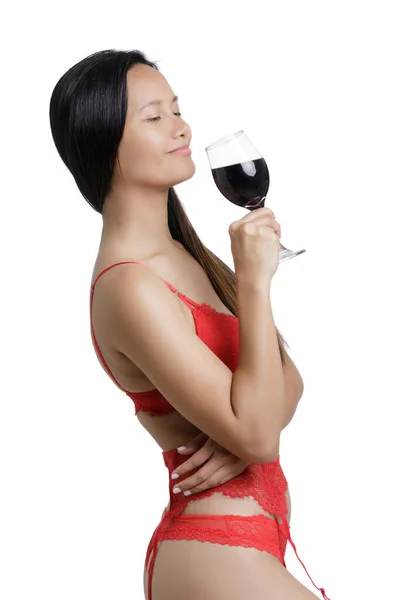 Young Asian Woman Wearing Red Lingerie Holding Glass Red Wine — Stock Photo, Image