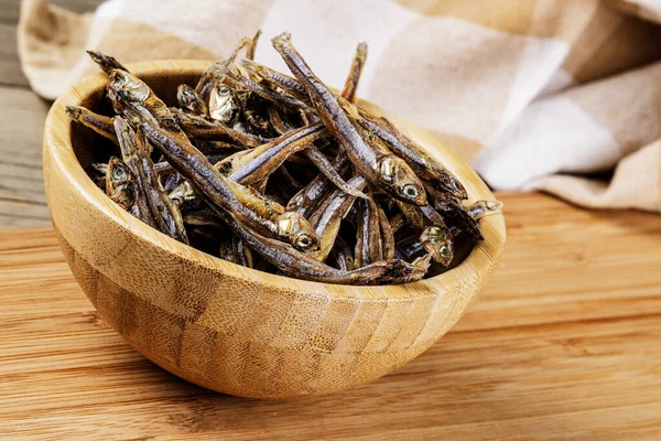 Wooden Bowl Ofsmall Dried Fish Considered Delicatessen Most Asian Countries — Stock Photo, Image