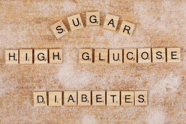 Flat Lay Wooden Letters Spelling Sugar High Glucose Diabetes Wooden — Stock Photo, Image
