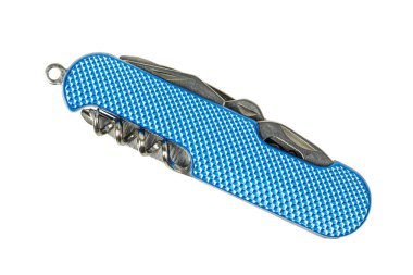 Kopya alanı olan beyaz bir arkaplanda izole edilmiş Mavi Cep Bıçağını kapat