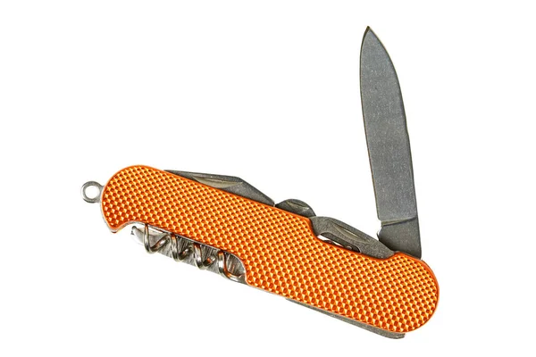 Close Orange Pocket Knife Isolated White Background Copy Space — Stock fotografie